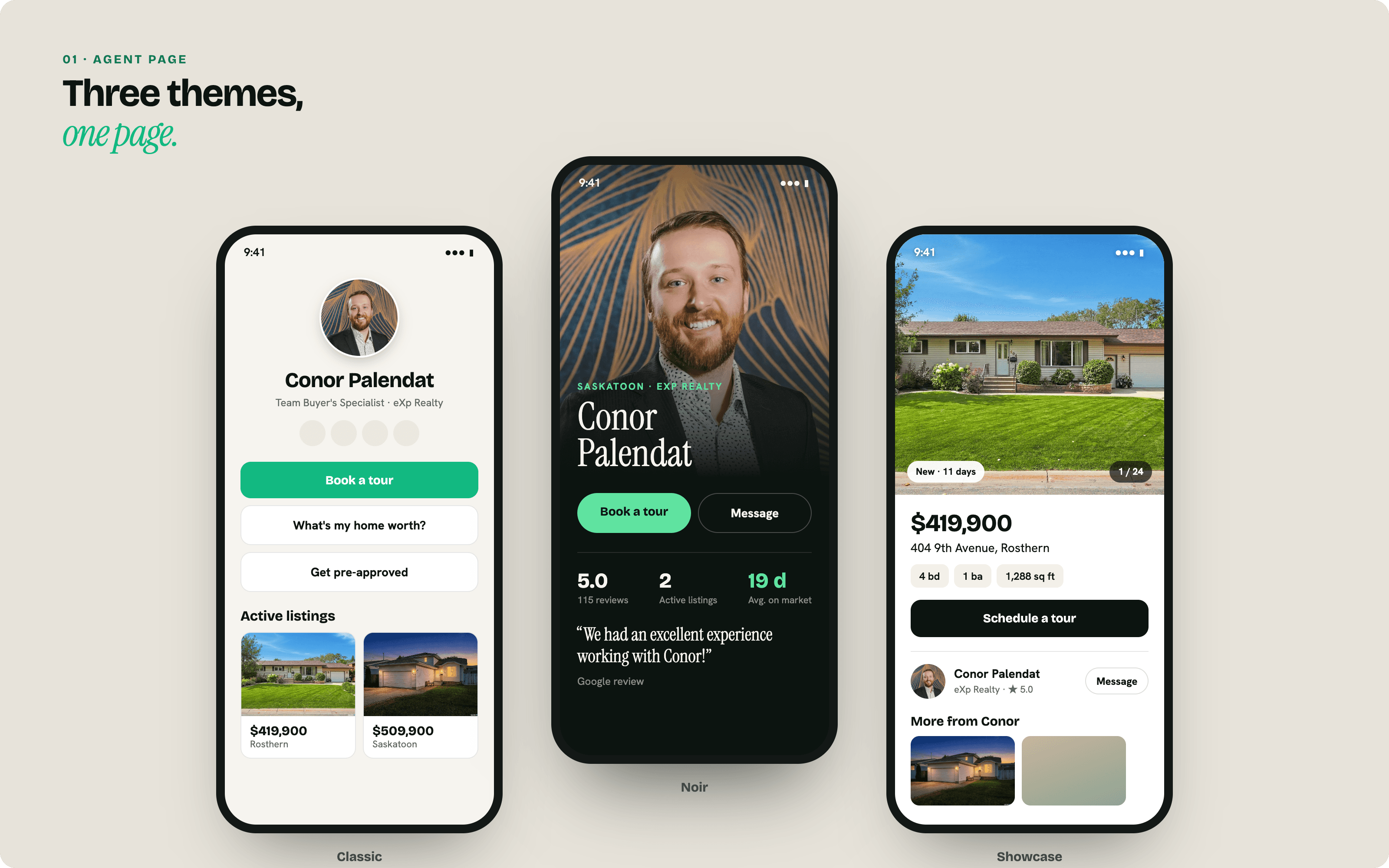 RealtyTree agent page in Classic, Noir and Showcase themes