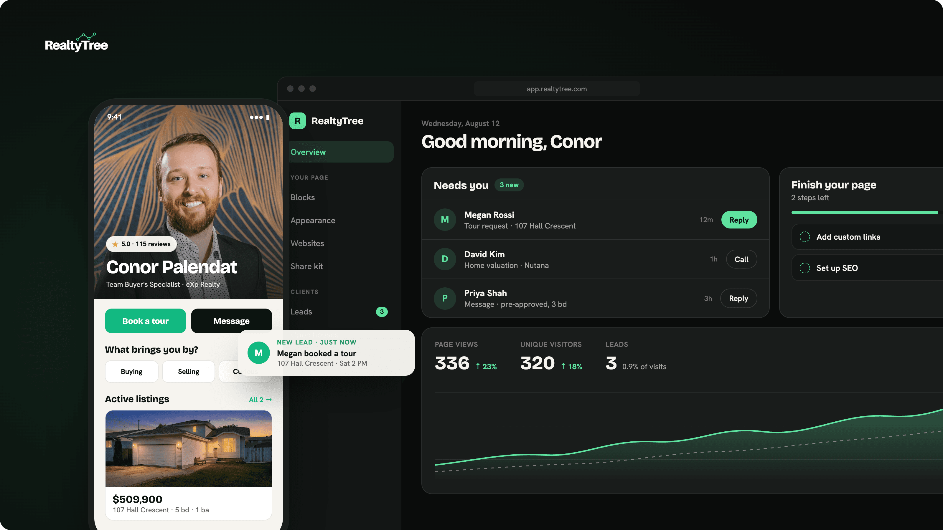 RealtyTree agent page and lead dashboard