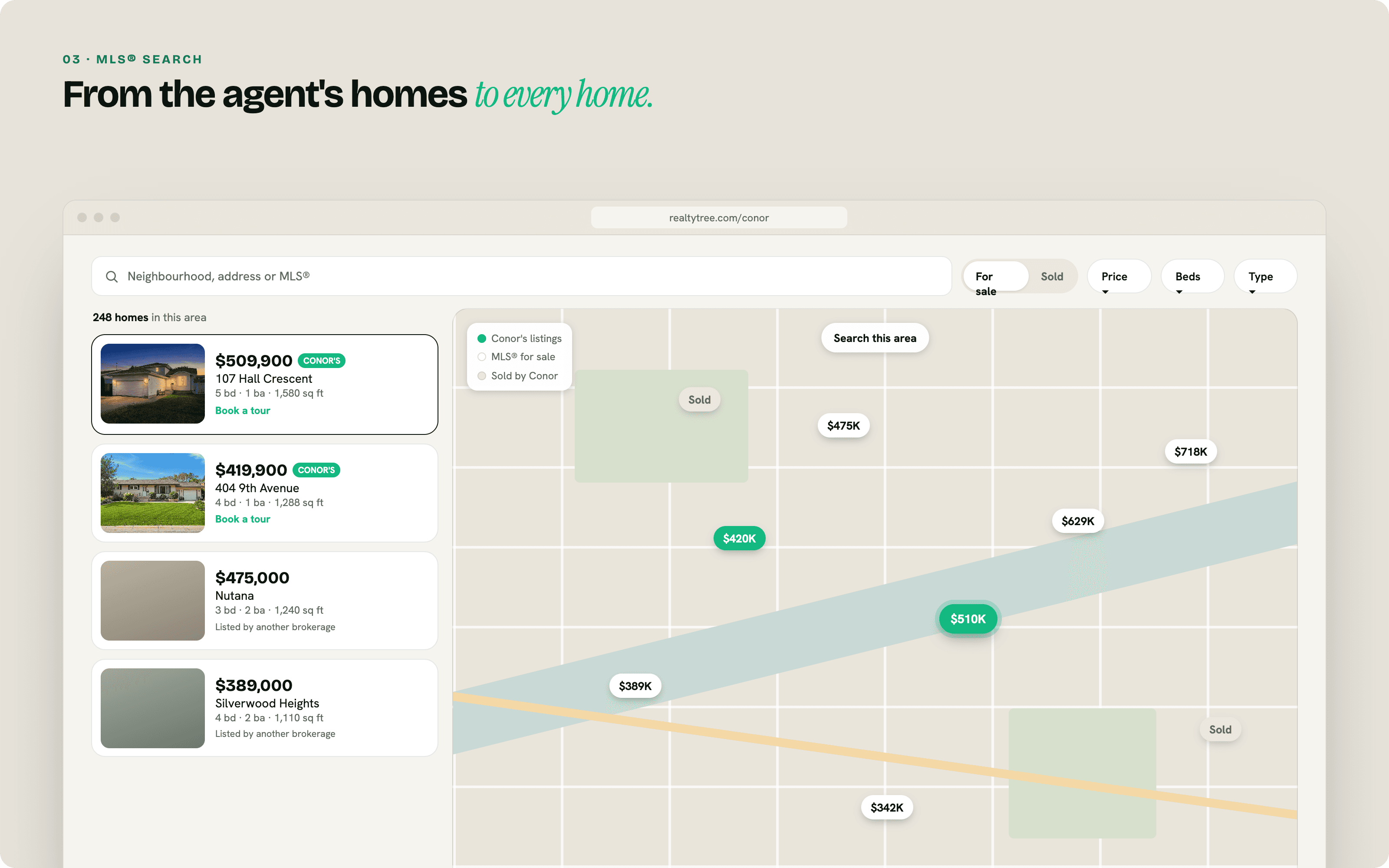 RealtyTree MLS map search with the agent's listings highlighted